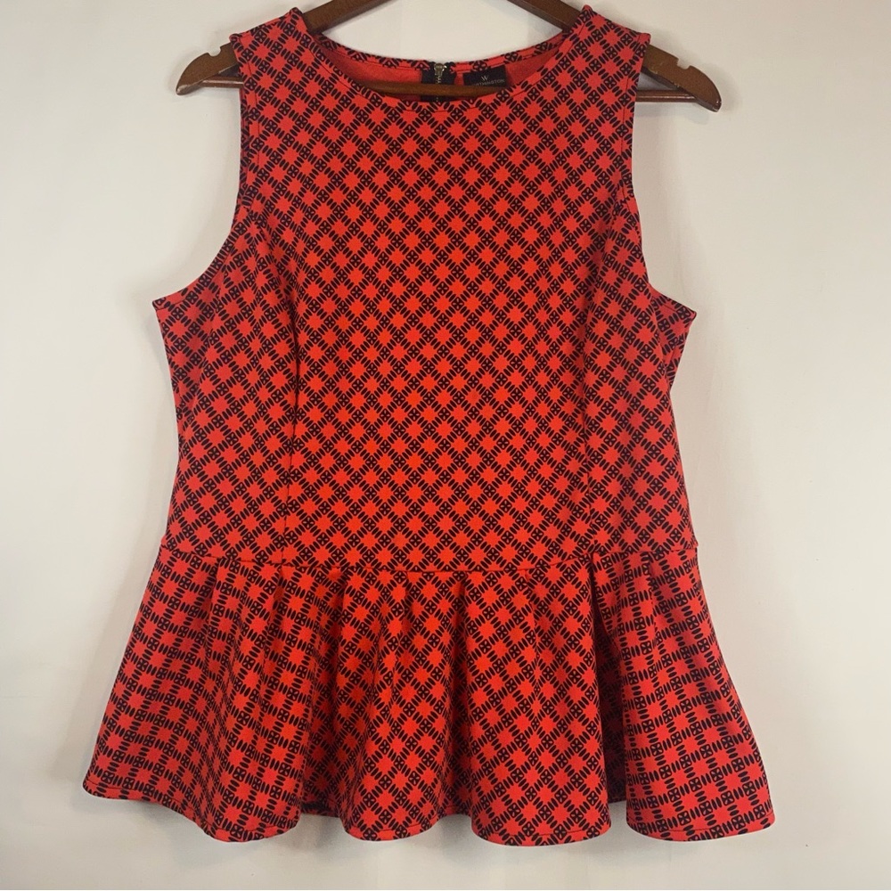 WORTHINGTON Patterned Coral Black Peplum Tank Top Blouse Black Zip Size XL